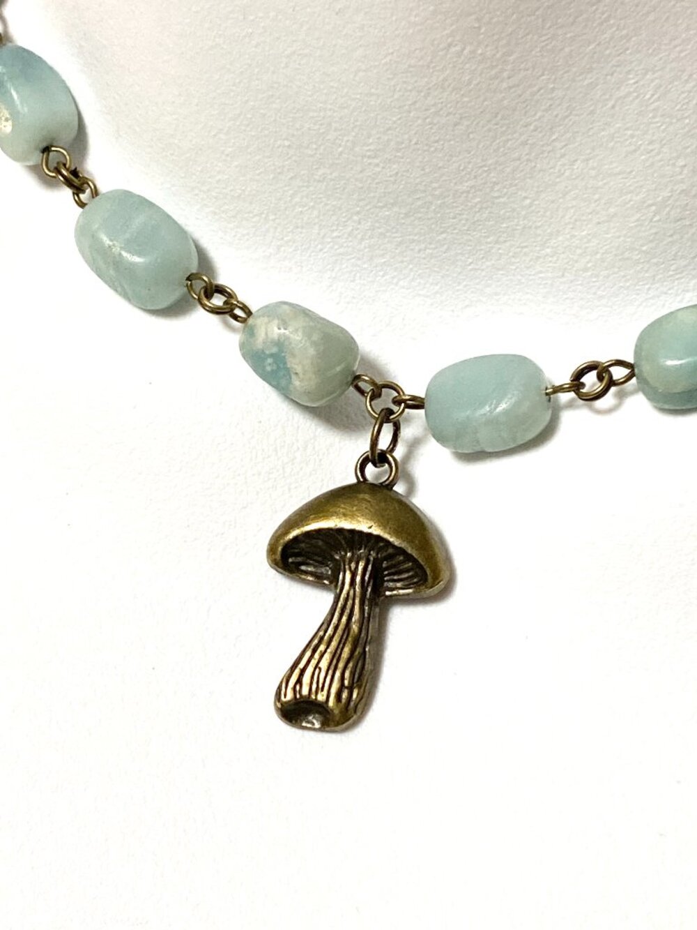 Light Teal Amazonite Short Necklace,Gemstone & Bronze Slim Mushroom Pendant